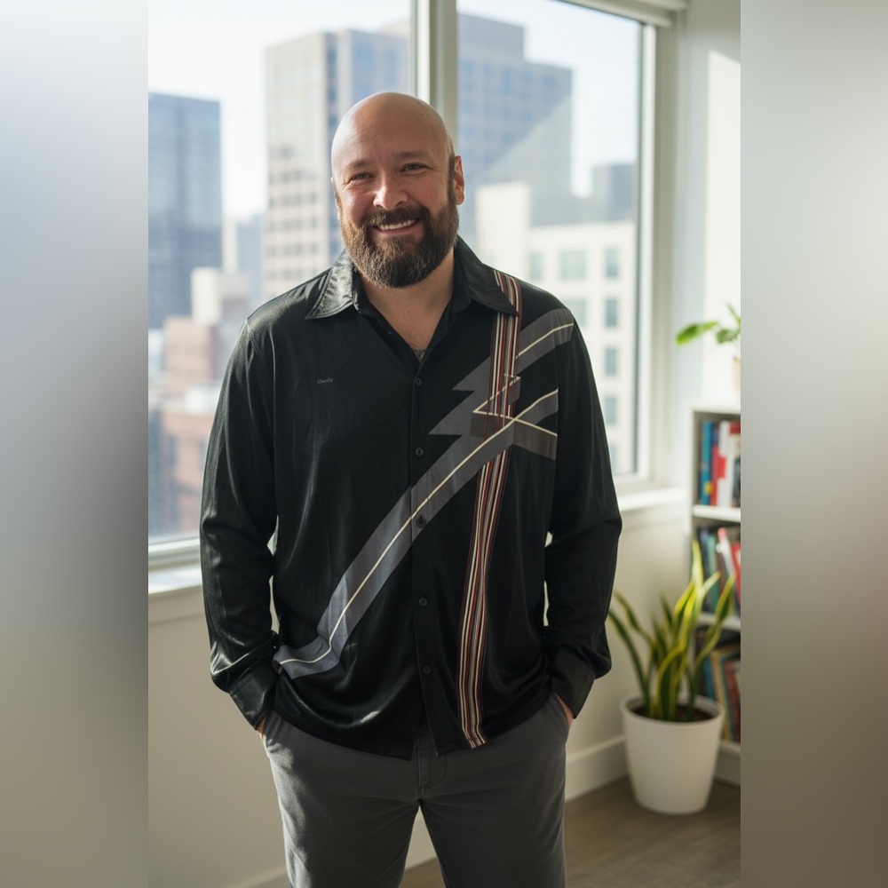 Vintage 1970s Roland Kosser Shirt XL/17 Black Disco Graphic Stripe Retro unisex